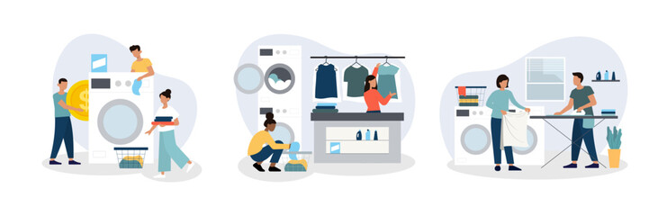 Public laundry and dry cleaning concept. Young people washing clothes in washing machine