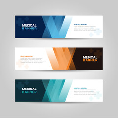 Vector Abstract Banner Design Web Template for medical and health care business. Set of business cards. 