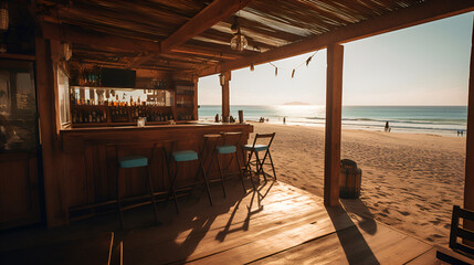 Fototapeta premium Beach Bar by the Sea, Tropical Holiday Destination | Ai generated