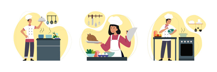 Set of professional chefs preparing different food in restaurant