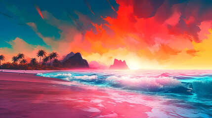 Colorful Sunrise on a Tropical Shoreline. Generative AI.