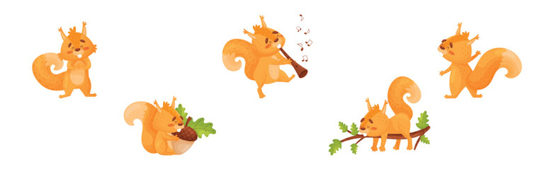 Fluffy Squirrel Character with Bushy Tail Engaged in Different Activity Vector Set