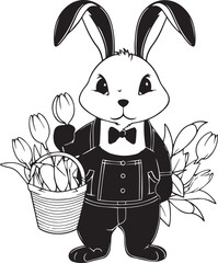 Fototapeta premium Rabbit, bunny in a business suit with flowers tulips vector illustration, SVG