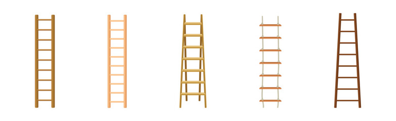 Wooden Step Ladder for Domestic and Construction Need Vector Set - obrazy, fototapety, plakaty