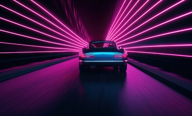 Obraz na płótnie Canvas futuristic retro sport car driving speedily with light reflections in the dark