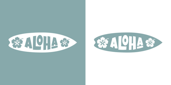 Logo club de surf. Letras palabra Aloha con letras estilo hawaiano con tabla de surf con flores de hibisco