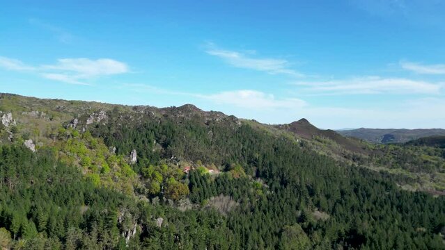 San Pedros De Rocas Monastery through a Spanish Forest Aerial View