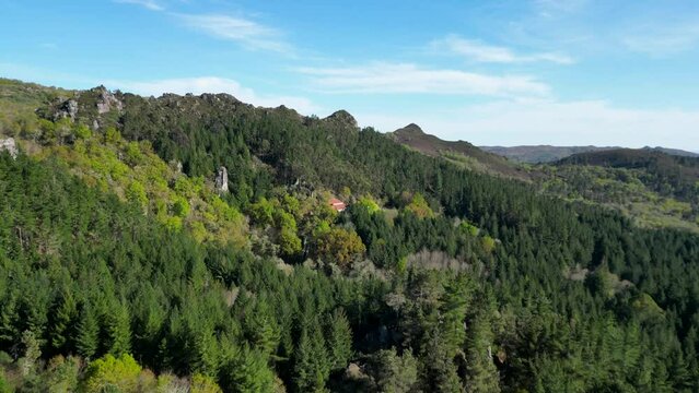 Flying Close to San Pedros De Rocas Monastery through a Spanish Forest 