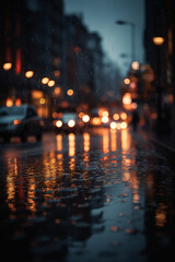 Wet asphalt road and defocused urban landscape in the night. Abstract urban background, low angle view. Generative art