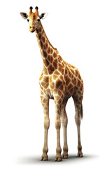 Fototapeta premium Giraffe, stunning realistic portrait isolated on white background. Photorealistic generative art.