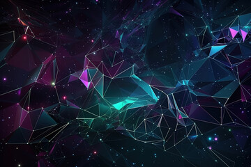 Digital background, virtual reality, abstract background, geometry shapes with neon lighting, generated by Ai