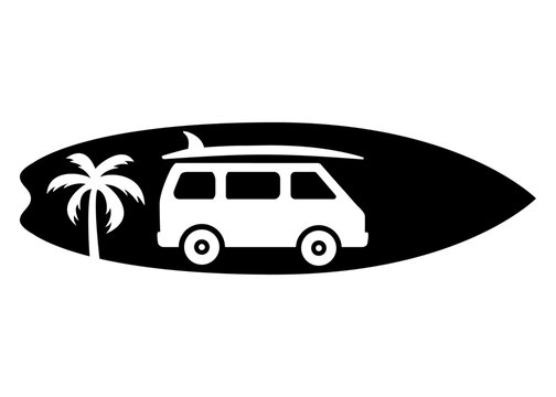 Silueta de tabla de surf con furgoneta de playa con tabla de surf en la parte superior y la palma en espacio negativo