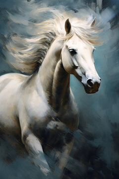 Stunning fine art. Gorgeous white horse with flowing mane. Generated by Ai, is not based on any original image, character or person