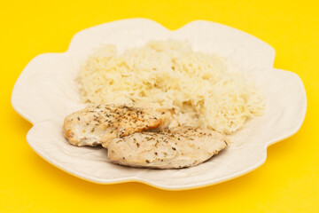 Diet food. Chicken breast with boiled rice. Healthy lifestyle. Sports nutrition.