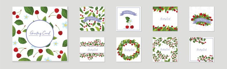 Cherry Greeting Card with Ripe Red Fruit and Foliage Vector Set