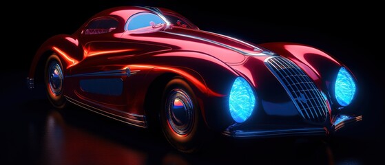 Plakat futuristic retro sport car driving speedily with light reflections in the dark