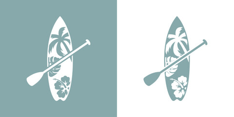 Logo club de paddle surf. Silueta de remo en tabla de paddle surf con plantas tropicales - obrazy, fototapety, plakaty