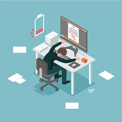 Businessman burnout concept. Energy-draining people with overwork overload. Exhausted from working a long time. Vector illustration isometric cartoon flat design.