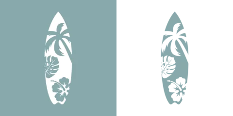Fototapeten Logo club de surf. Tabla de surf con plantas tropicales en espacio negativo © teracreonte