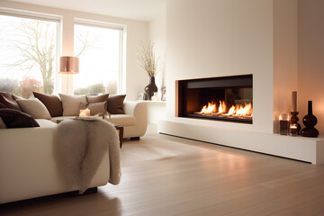 warm white living room with electric fire place ai generated art Generative AI