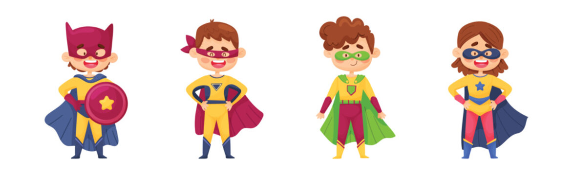Smiling Boy and Girl Character in Superhero Costume and Cloak Standing Ready to Save the World Vector Illustration Set