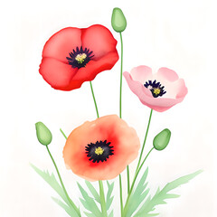 Watercolor illustration of poppies flowers on a white background. Generative AI