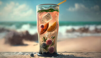 Summer cocktail with tropical fruits on the background of the beach, ocean or sea. The concept of summer vacation, holidays. Ai generative.