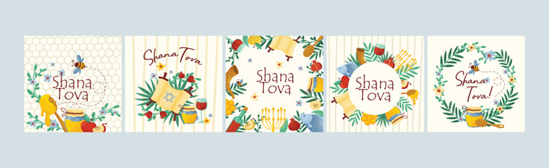Rosh Hashana Jewish Holiday Greeting Card with Attributes and Symbolic Food Vector Set