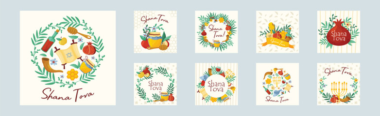 Rosh Hashana Jewish Holiday Greeting Card with Attributes and Symbolic Food Vector Set