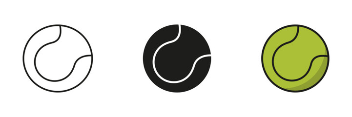 Obraz premium Tennis Round Ball Black Silhouette and Line Icon Set. Ball for Sports Game Solid and Outline Black and Color Symbol Collection on White Background. Isolated Vector Illustration