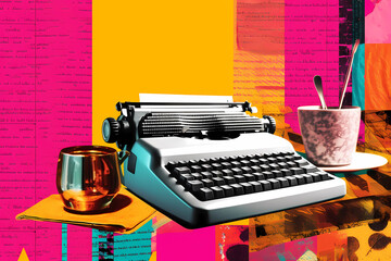 A typewriter with a cup of coffee next to it magazine collage style Generative AI - obrazy, fototapety, plakaty