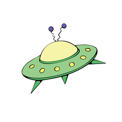 Flying saucer, spaceship icon in sketch cartoon style. Color design element on the theme of UFO, space, aliens. Hand drawn doodle vector illustration.