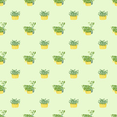 pastoral style seamless watercolor pattern with leaves, baskets, bottles and glass vases, twigs, grass, hand drawn picture