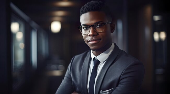 A fictional person. Cheerful African Businessman in Office