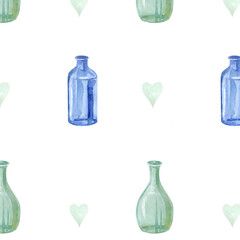 minimalistic hand drawn watercolor pattern with glass bottles and vases, heart, seamless pattern, print for fabric and wallpaper,