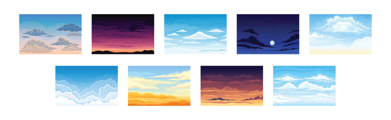 Sky Scene with Clouds Drifting Across It and Staying Still Vector Set