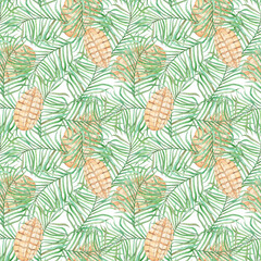 Watercolor seamless pattern with tropical palm leaves and cut mango. Hand drawn.