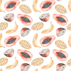 Watercolor tropical fruits seamless pattern. Papaya, mango, banana, coconut. Hand drawn. Exotic southern food background.