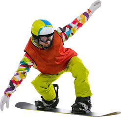 Young sportive girl in colorful sportswear, uniform, goggles and helmet on snowboard isolated over...