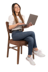 Naklejka premium Cheerful woman using laptop, full body shot cheerful woman using laptop. Beautiful attractive young 30x girl wearing casual working on notebook. Looking camera, transparent png image. Copy space.