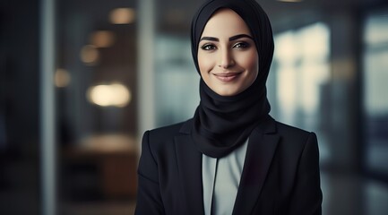 A fictional person. Cheerful Arab Businesswoman in Office