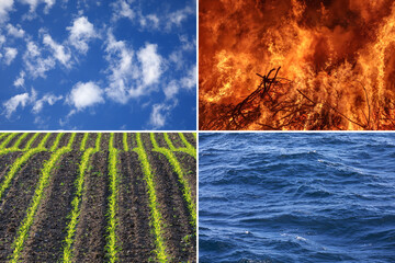 Die klassischen vier Elemente der Grichischen Philosophie, Luft, Feuer, Erde und Wasser als Collage
