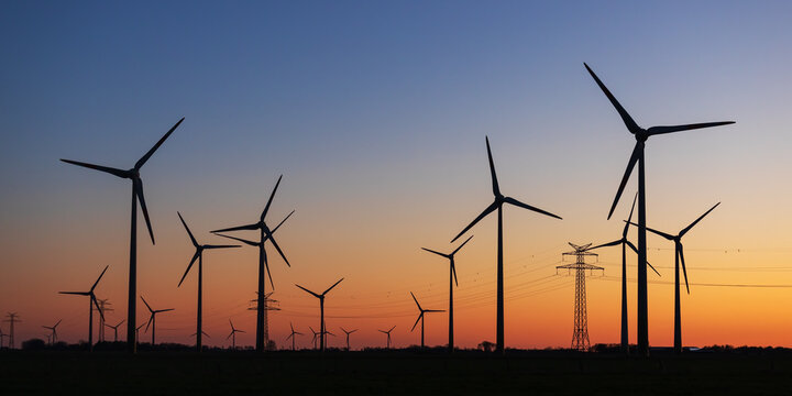 Windr&auml;der nach Sonnenuntergang im Abendrot bei Sch&uuml;lp in Dithmarschen, Schleswig-Holstein.