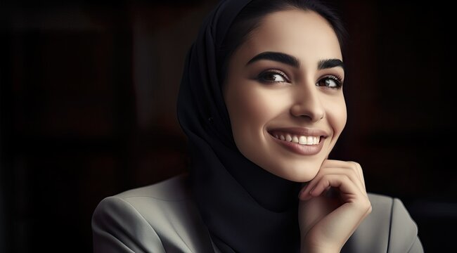 A fictional person. Cheerful Arab Businesswoman in Office