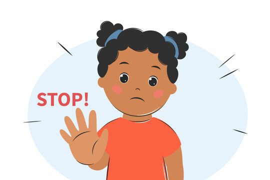 Child girl says stop. Person protecting personal boundaries concept. Violate personal space. Behavior in society. Vector illustration