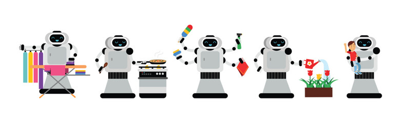 Domestic Robot for Automation Household Help Housekeeping Vector Set