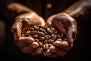 roasted coffee beans in hands (generative ai)