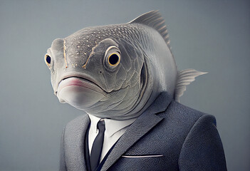 Fototapeta na wymiar Portrait of a Fish dressed in a business suit in a studio photo. Generative AI. 