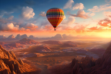 Fototapeta na wymiar Colorful Hot Air Balloon Soaring in Surreal Landscape, Generative AI