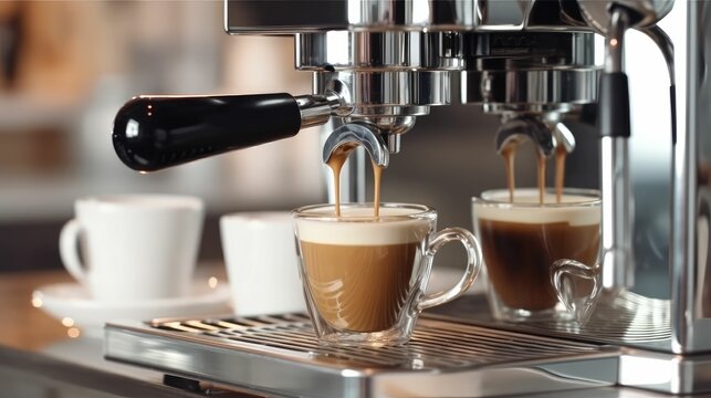 Freshly brewed espresso coffee in a bottomless portafilter